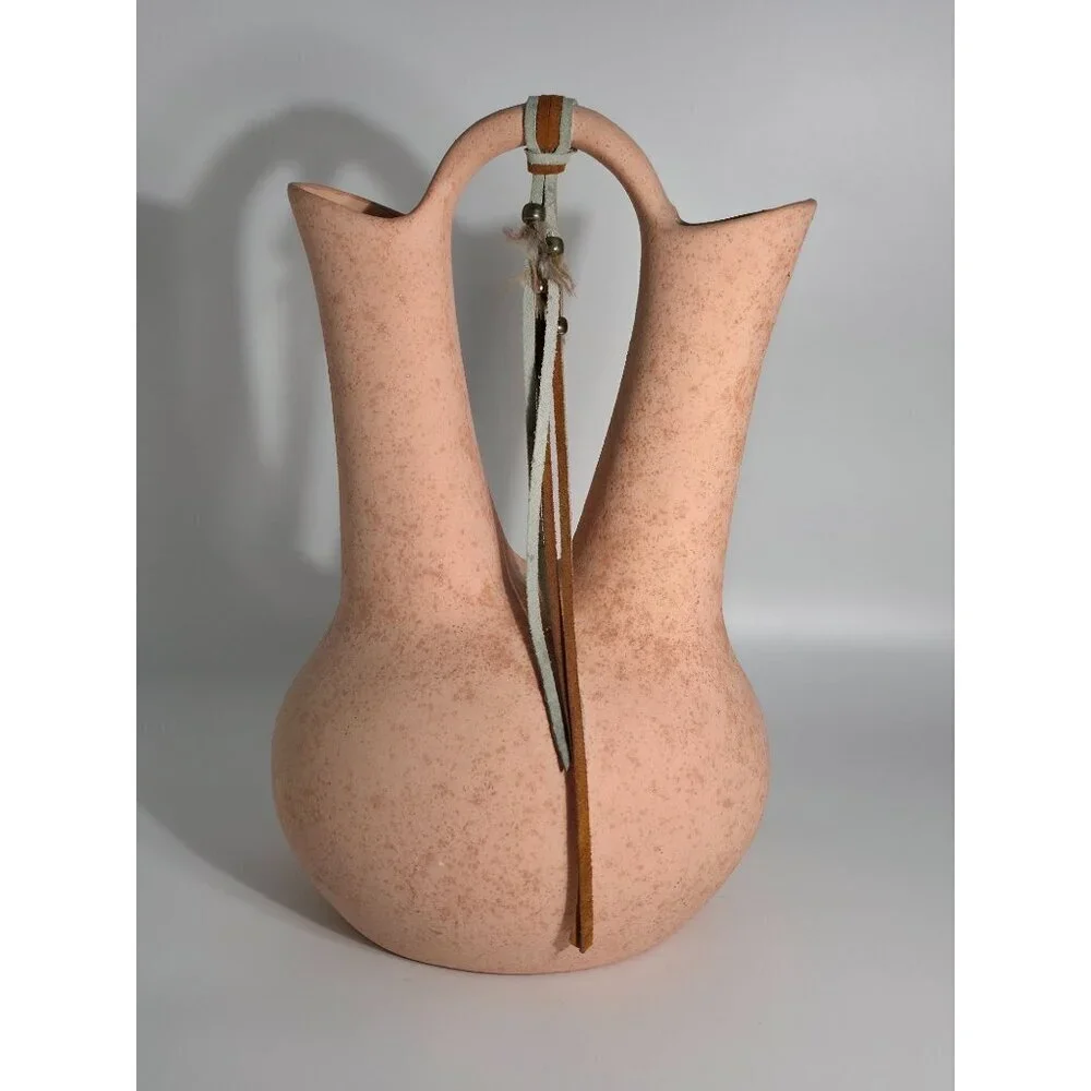 Double Spout Terracotta Vase Leather Accent Pink Beige Sandstone Finish Vintage
